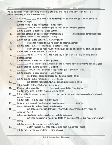 Demonstrative Adjectives Multiple Choice Spanish Worksheet | Teaching ...