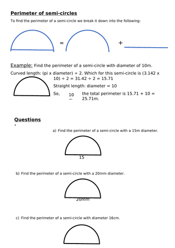 Perimeter of Semi-circles - Scaffolded Worksheet (w. Answers