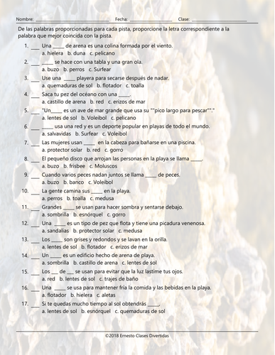Beach Things and Activities Multiple Choice Spanish Worksheet ...