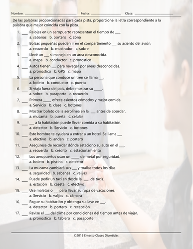 travel worksheet with spanish clues