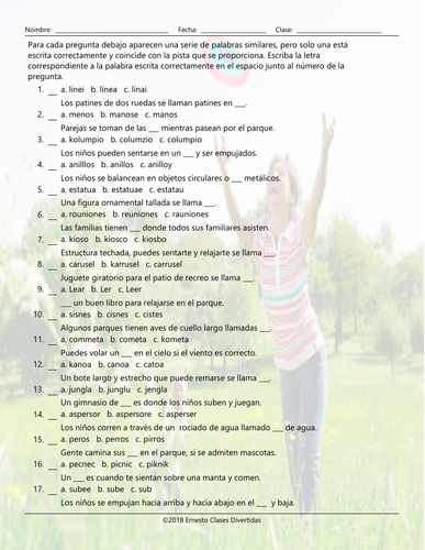 Park Things and Activities Spelling Challenge Spanish Worksheet ...