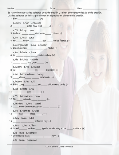 Present Simple with Verbs Estar and Ser Missing Words Spanish Worksheet ...