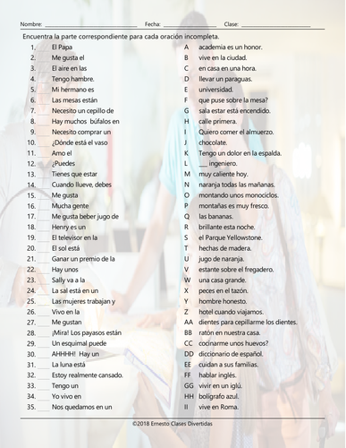 articles sentence match spanish worksheet teaching resources