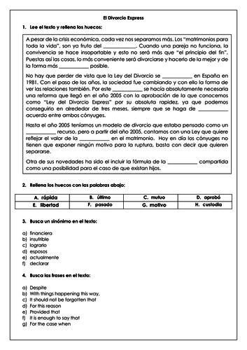 A Level Spanish el divorcio express: family structure divorce reading & translation WITH ANSWERS