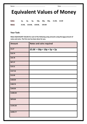 Money - Equivalent Values Worksheet