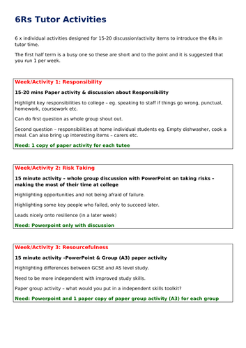 6Rs Induction activities learning skills