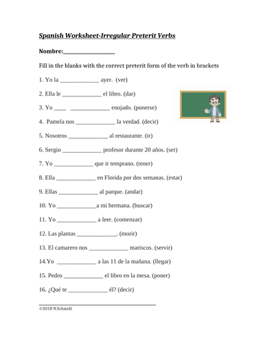 Spanish Irregular Preterite Verbs Worksheet: Verbos Irregulares del Pretérito