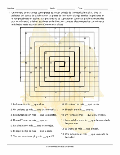 Comparative Adjectives Word Spiral Spanish Worksheet | Teaching Resources