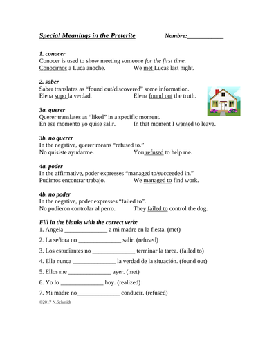 Spanish Preterite Worksheet - Special Verbs (Conocer, saber, querer)