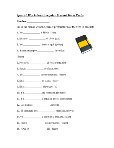 spanish present tense irregular verbs worksheet el presente sub plan