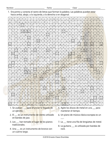 Musical Instruments Wacky Trails Spanish Worksheet | Teaching Resources