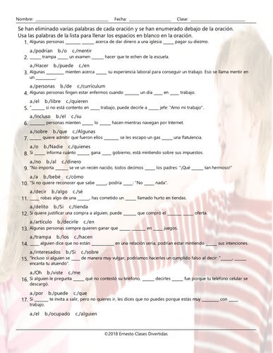Cheaters and Dishonesty Statements Missing Words Spanish Worksheet ...