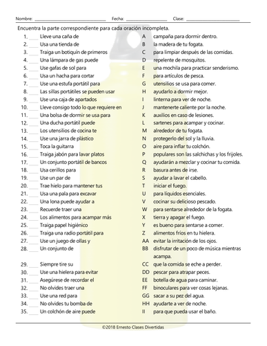 Camping Things and Activities Sentence Match Spanish Worksheet ...
