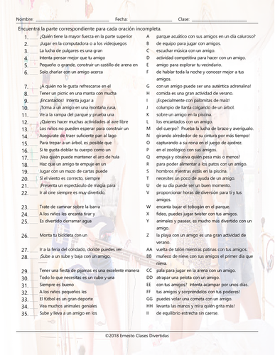 Friendship Activities Sentence Match Spanish Worksheet | Teaching Resources