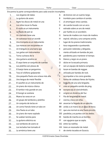 Musical Instruments Sentence Match Spanish Worksheet | Teaching Resources