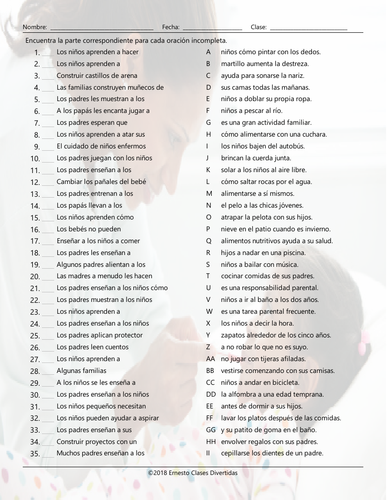 Parenting Activities Sentence Match Spanish Worksheet | Teaching Resources