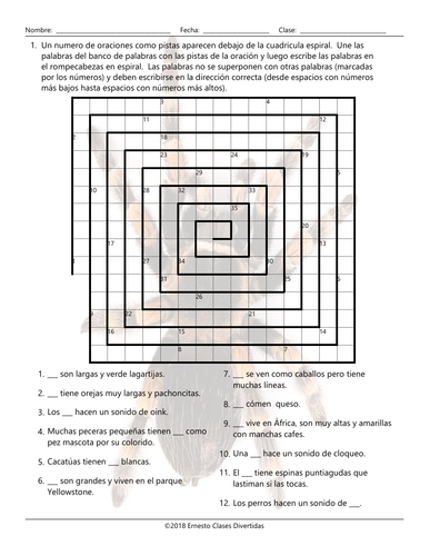 Animals Word Spiral Spanish Worksheet | Teaching Resources