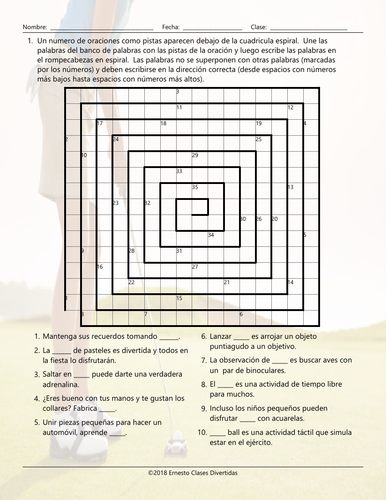 Free Time and Hobbies Word Spiral Spanish Worksheet | Teaching Resources
