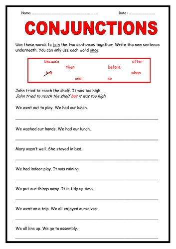 Conjunctions Worksheet Teaching Resources