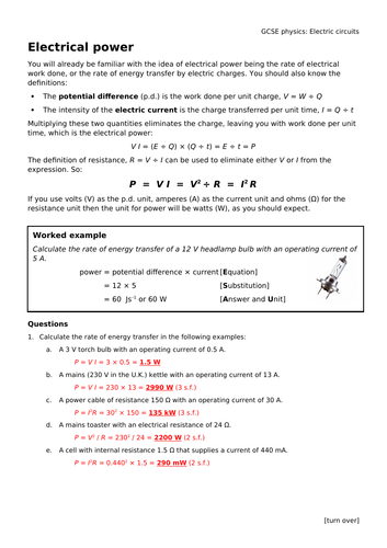 GCSE physics / combined science: Electrical power questions and answers