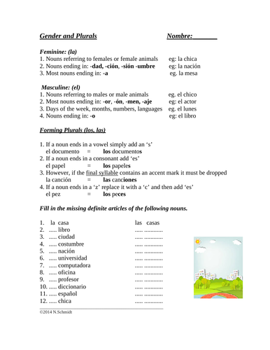 Spanish Gender and Plurals Worksheet : El / La / Los / Las | Teaching