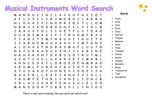 musical instruments word search teaching resources