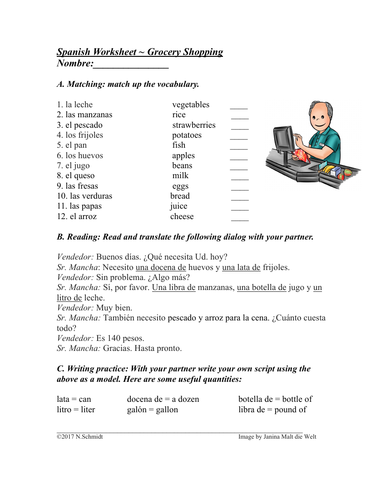 Comida y el supermercado - Grocery Shopping Spanish Worksheet (SUB PLAN)