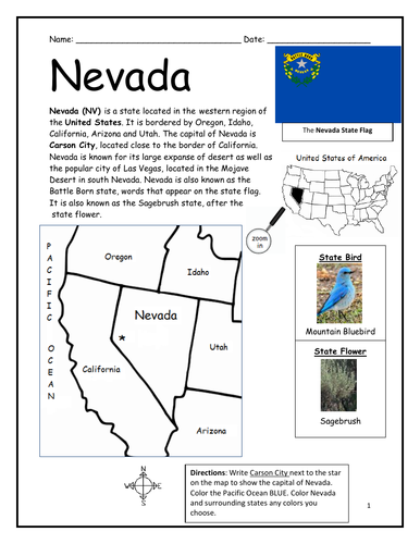 NEVADA - Printable handout with map and flag | Teaching Resources