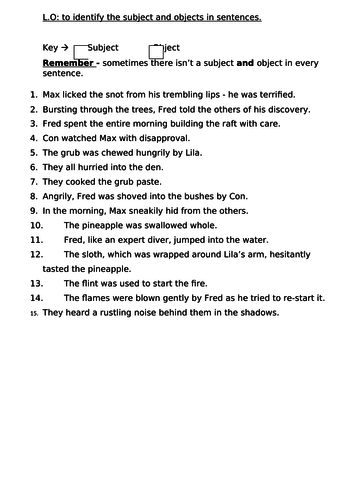 The Explorer (Katherine Rundell) themed subject and object worksheet ...