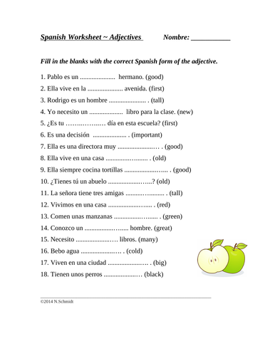 Spanish Adjective Agreement Worksheet Teaching Resources