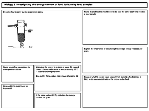 GCSE Biology Prescribed Practical Energy in Food Revision Mat