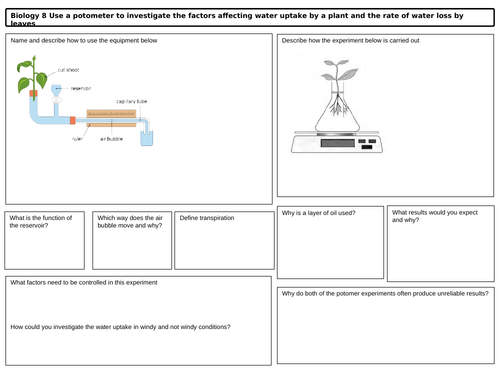 GCSE Biology Prescribed Practical Potometer Revision Mat