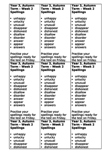 Year 3, No Nonsense Spelling List - Autumn, Week 2