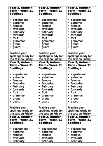 Year 3, No Nonsense Spelling List - Autumn, Week 11