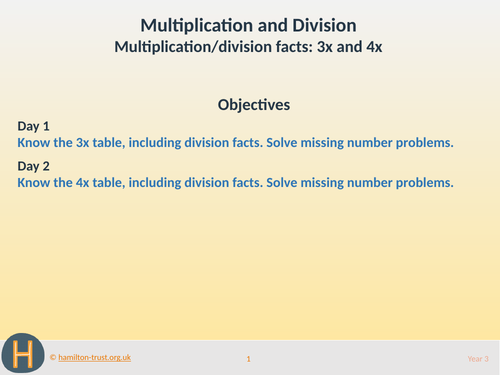 Multiplication & division facts - 3x and 4x tables - Teaching Presentation - Year 3