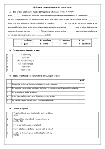 Spanish GCSE Healthy Living & Diet: Two worksheets with answers (reading & translation)