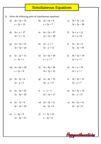 Simultaneous Equations - over 90 questions with answers | Teaching ...