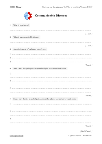 GCSE Biology (9-1) - Communicable/Infectious Disease - Worksheet and