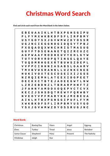 Christmas Word Search with Answers | Teaching Resources