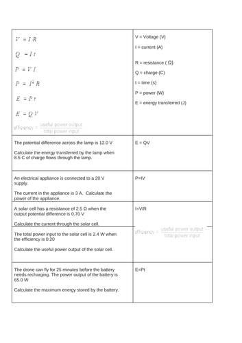 AQA KS4 P2 Matching Q to electricity equation | Teaching Resources