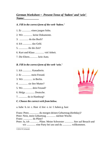 German Worksheet: Present Tense of ‘haben’ and ‘sein’