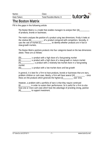 1.3.5 Boston Matrix and product life cycle two whole lessons Alevel ...