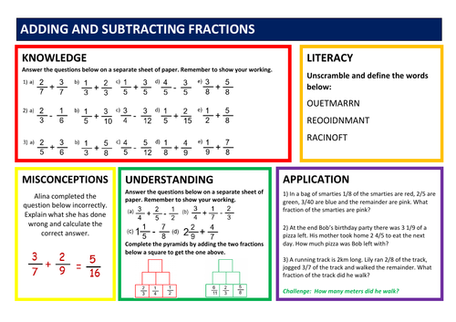 adding and subtracting fractions homework tes