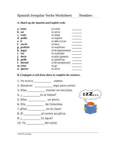 Present Tense Irregular Verbs French Worksheet