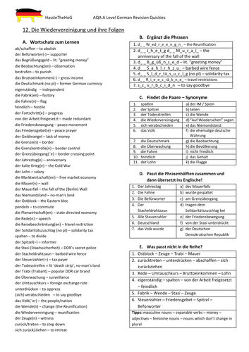 AQA A Level German: Deutschland und EU, Politik und Jugend, Wiedervereinigung und Folgen