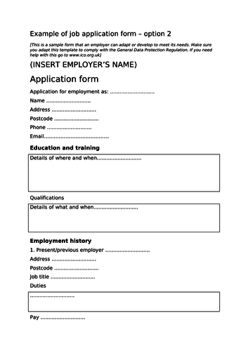 Blank Job Application Form Template Teaching Resources 5080