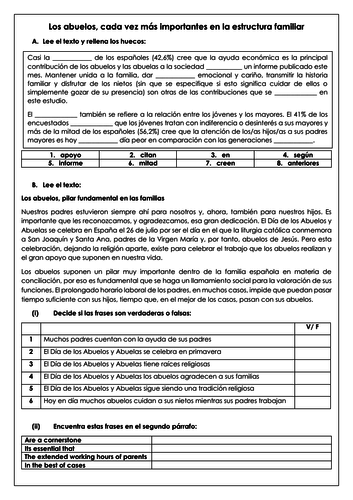 Spanish A Level la familia: el rol de los abuleos (grandparents translation & reading WITH ANSWERS)