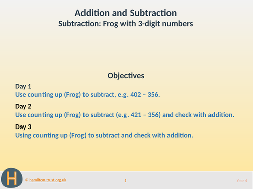 Teaching Presentation: Subtraction: frog with 3-digit numbers (Year 4 Addition and Subtraction)