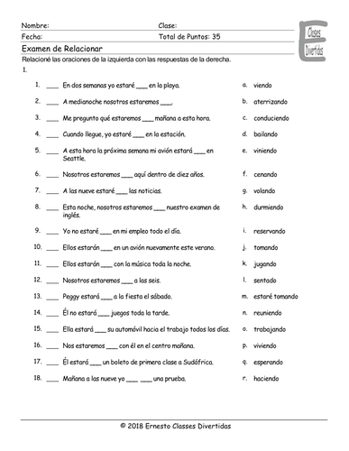 Future Continuous Tense Spanish Matching Exam | Teaching Resources
