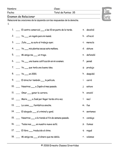 Past Simple Tense with Irregular Verbs Spanish Matching Exam | Teaching ...